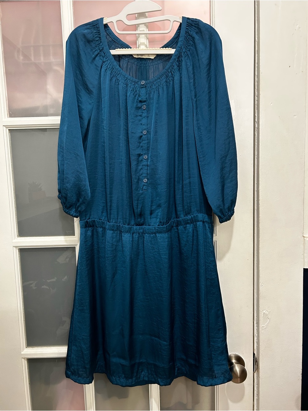 Old Navy Dark Teal Satin 3/4 Sleeve Fit And Flare Peasant Dress Size Large